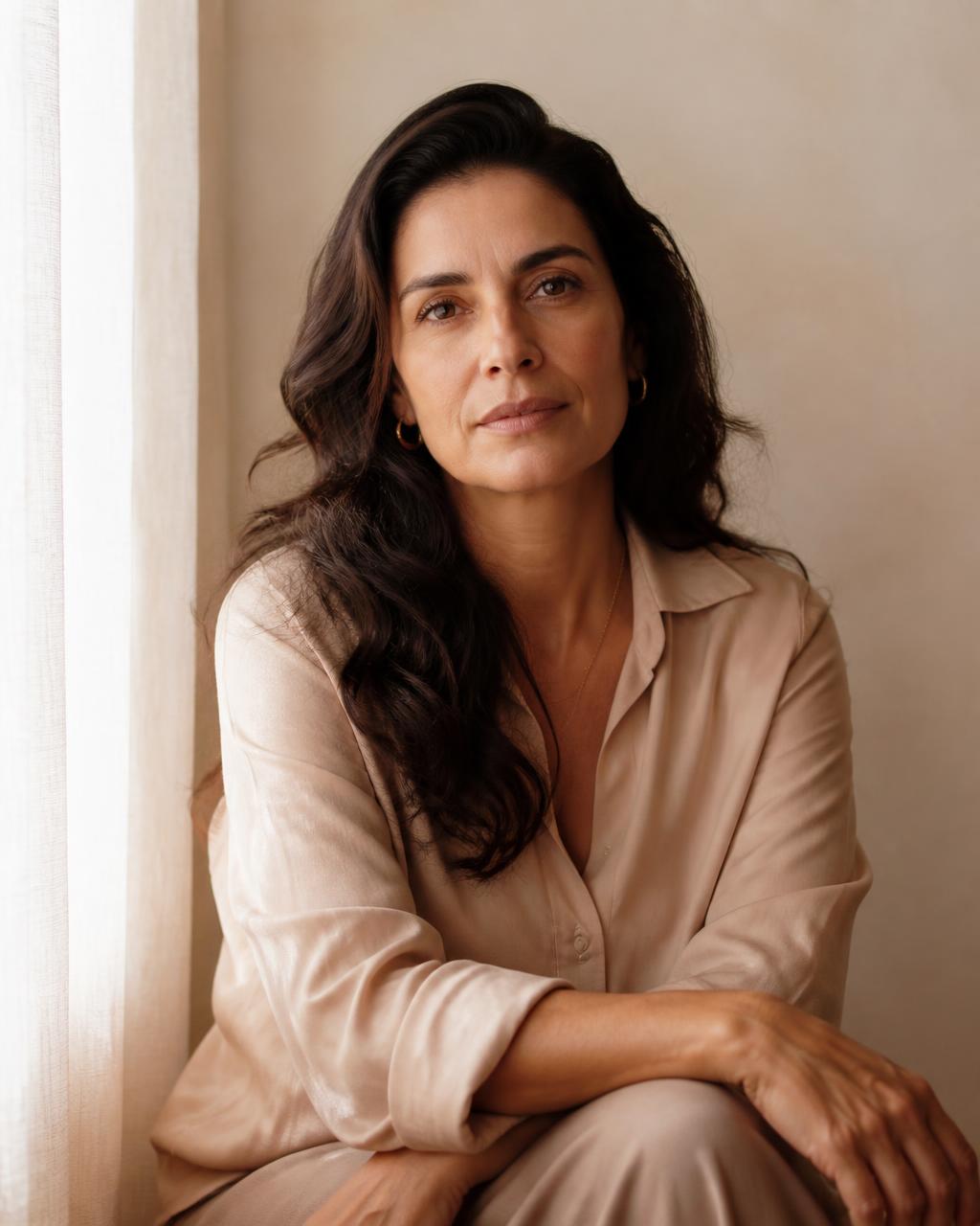 Retrato editorial de Andreia Souza, fundadora do Casulo Rosa, sentada junto a uma janela