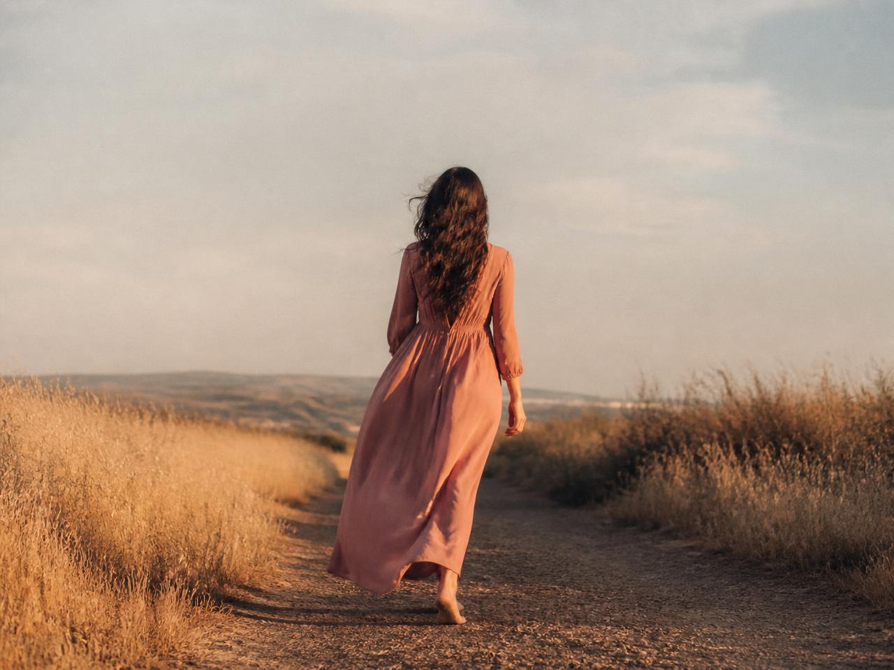 Mulher caminhando por uma trilha aberta na luz dourada do fim de tarde